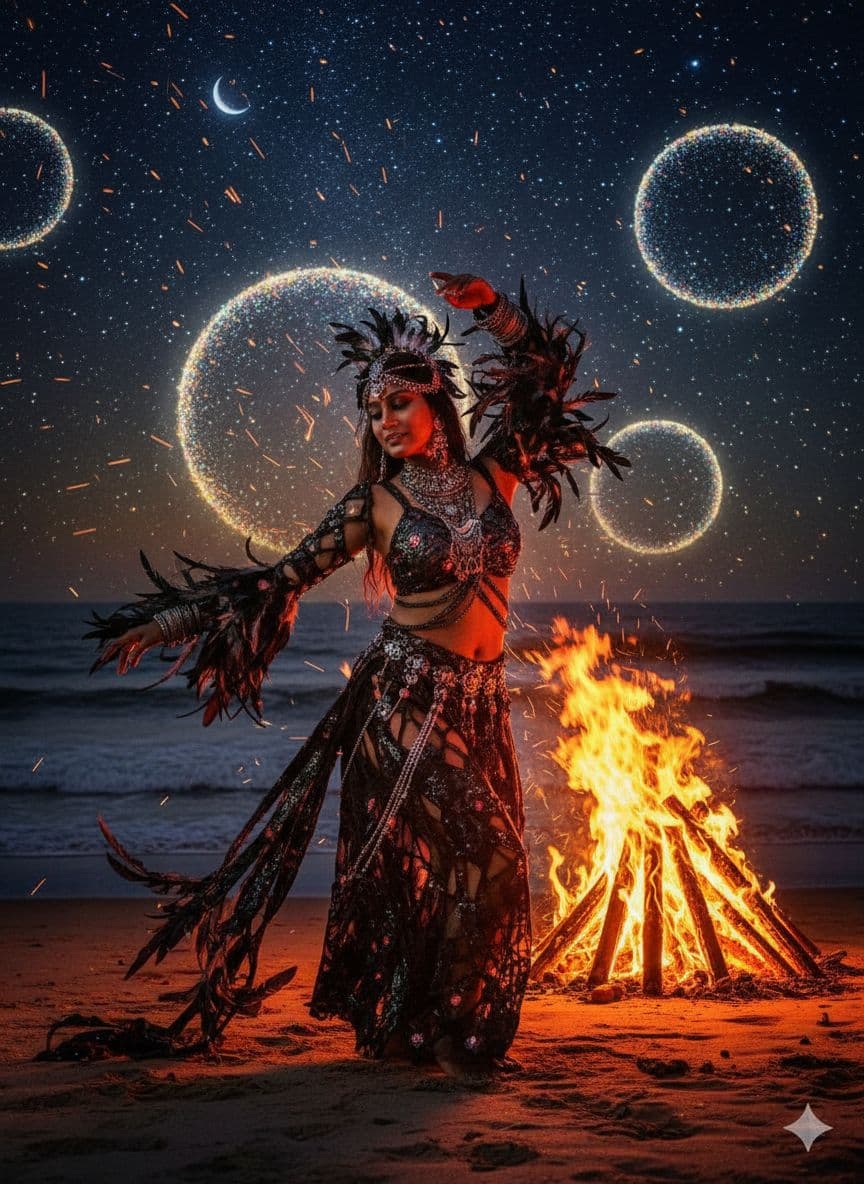 AI generated: dancer with feathers and jewelry at night on the beach by the fire in the style of magali villeneuve...
