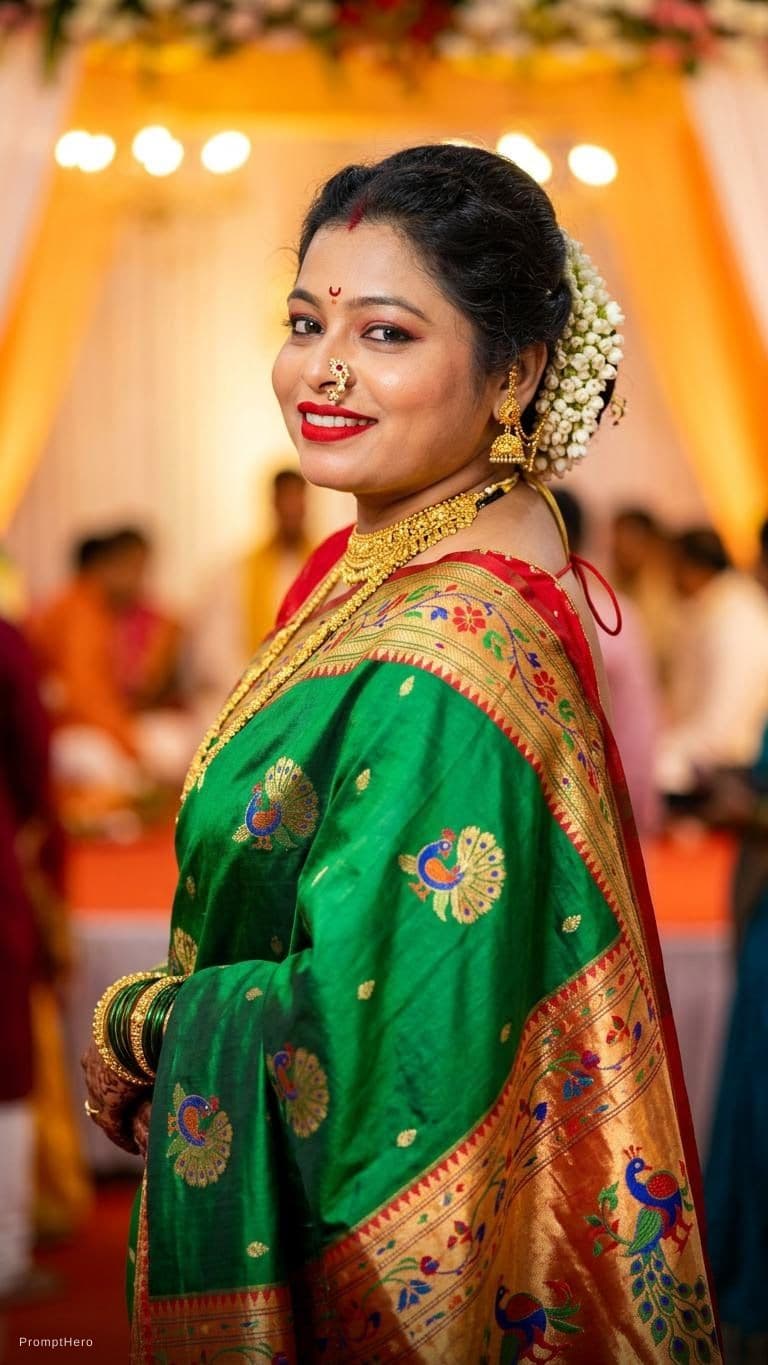AI generated: Ultra-realistic portrait of a beautiful young Indian Maharashtrian bride looking back over her shoul...
