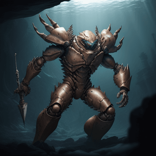 AI generated: A tough, crab with a mechanical claw, standing in a well-lit underwater environment. The mechanical ...