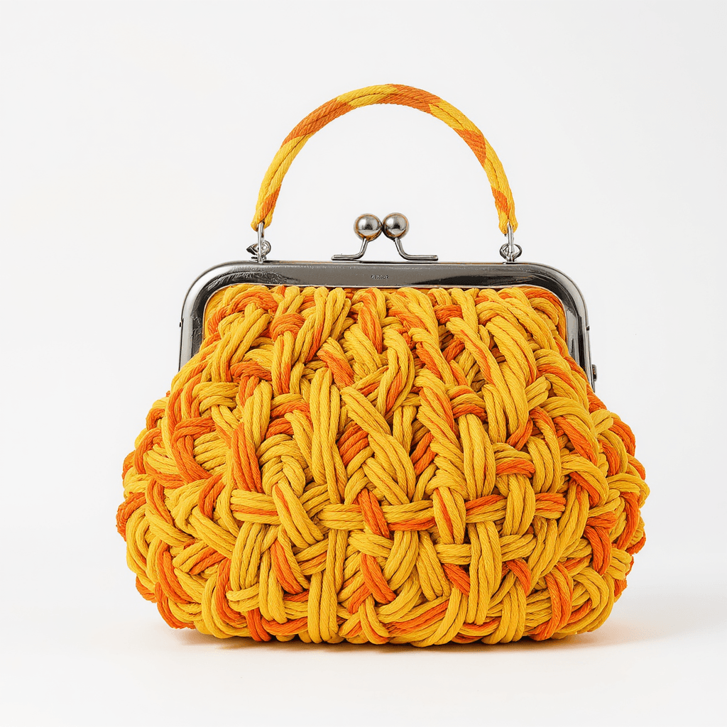 AI generated: a yellow and orange purse  made of intricate decorative fisherman knots