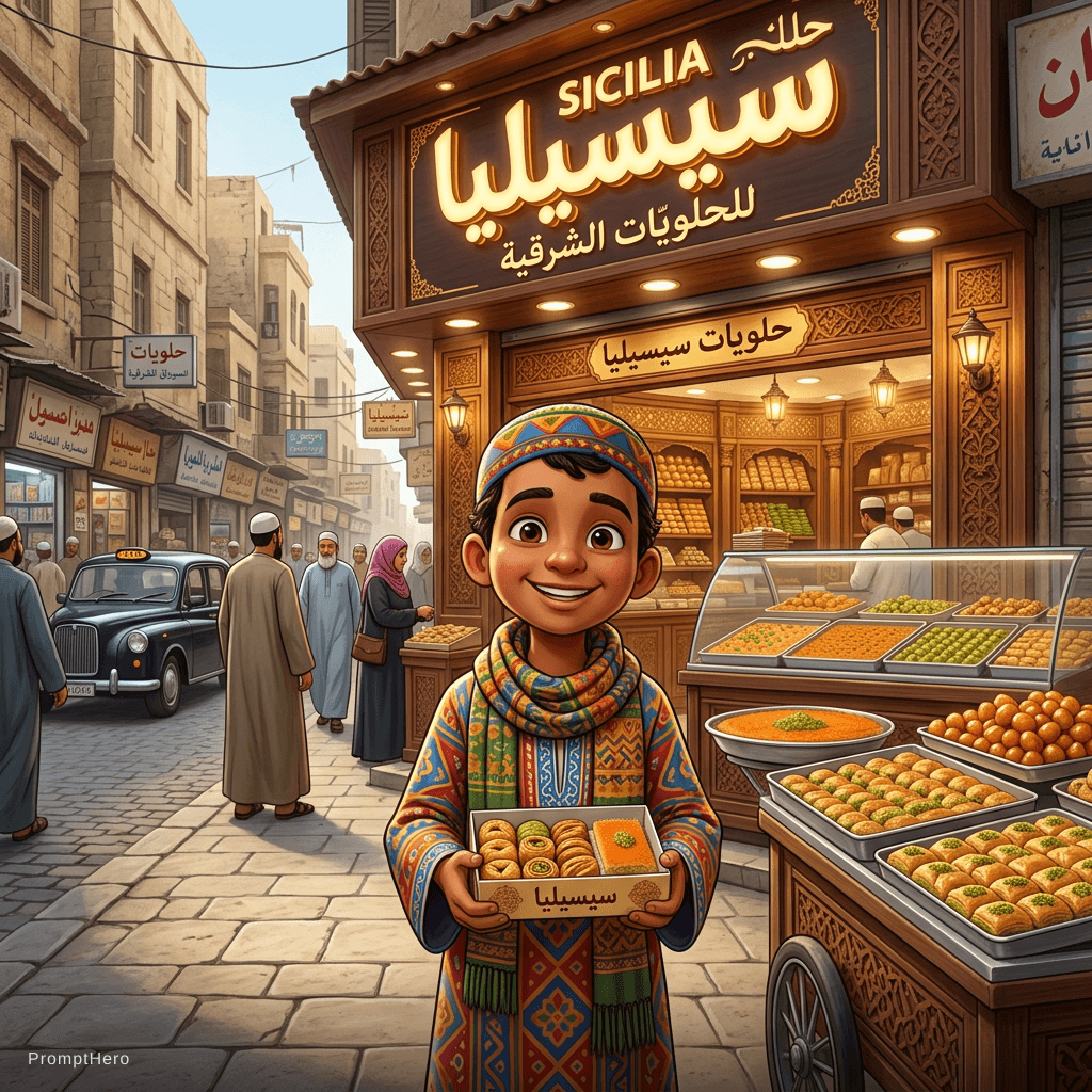 AI generated: انشا صورة واقعية كرتون بكار  فى خلفية محل سيسيليا Sicilia للحلويات الشرقبة
