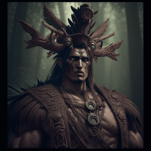 AI generated: Muscular male Aztec forest spirit, death bringer, god, deity, illustrated, detailed, steampunk, wrat...