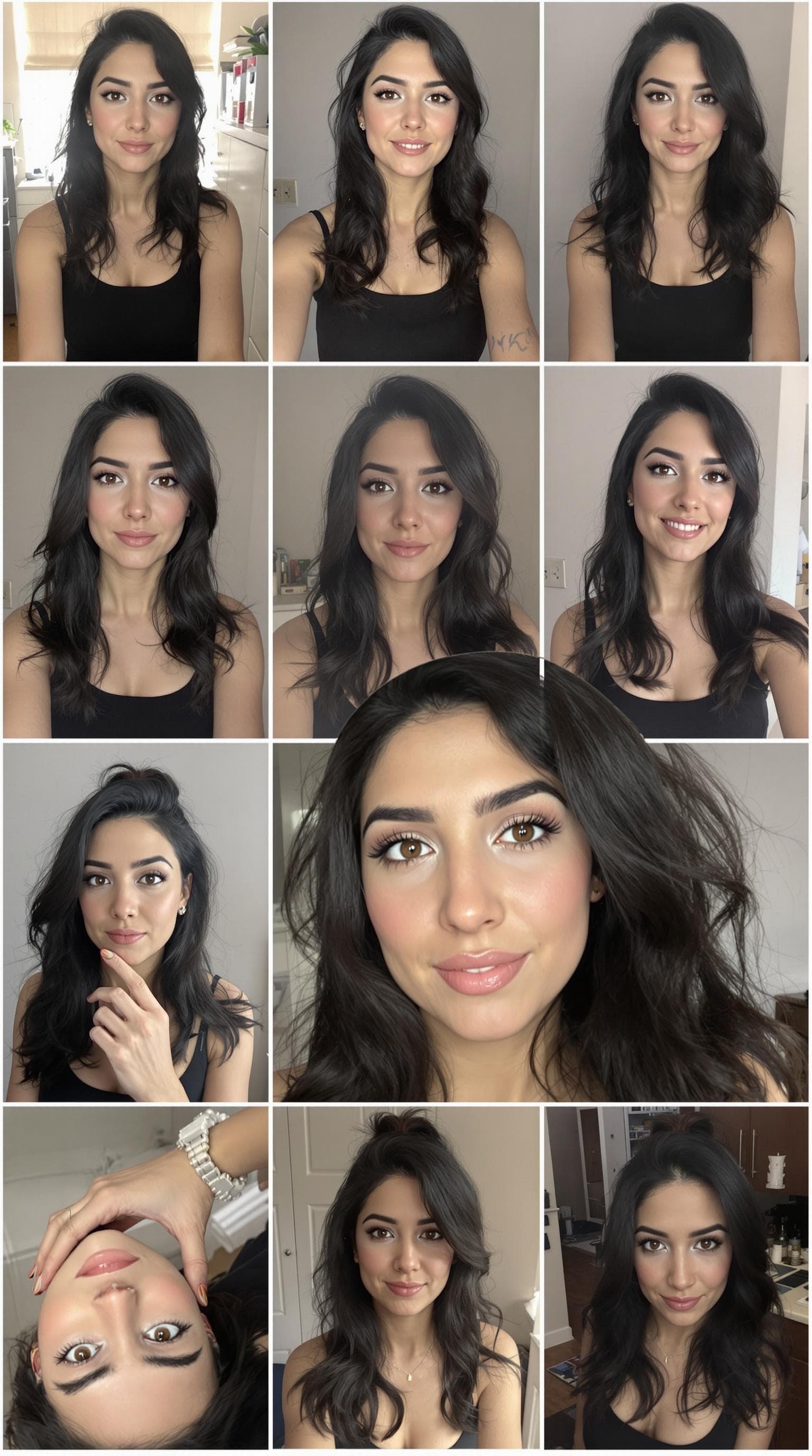 AI generated: 10 pictures, 18-year-old woman, progression picture fat to fit, black hair, light blue eyes, tanned ...