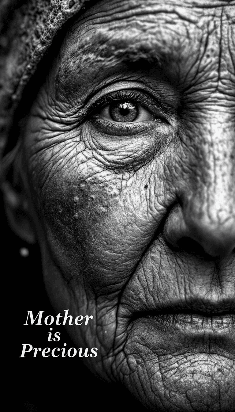 AI generated: Magazine cover of Mothers Day theme of Monochrome ultrarealistic of an old woman with cratered moon ...