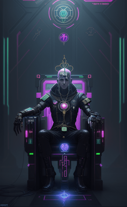 AI generated: Cyberpunk The Hierophant Tarot Card, Words "The Hierophant", High Contast, Neon, Cyberpunk, Futurist...