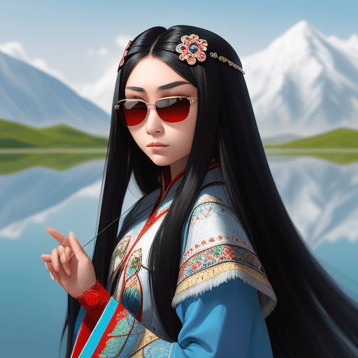 AI generated: kazakh beauty girl. black long hair. traditional clothes. line eyes. Turkish style. sunglasses refle...