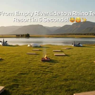 AI generated video: "9:16 vertical video. Cinematic riverside landscape, empty grassy riverbank with mountains in the ba...