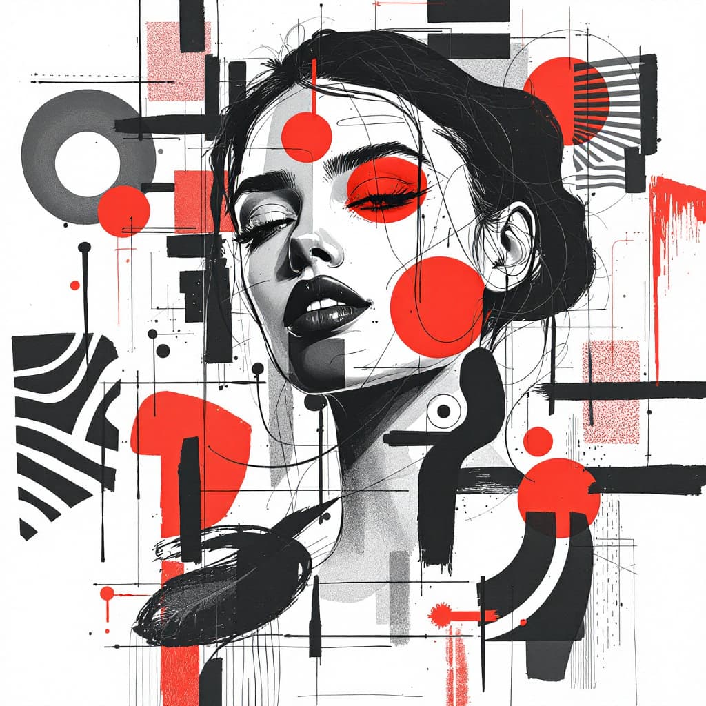 AI generated: A collage of various abstract woman, shapes and lines, with red accents, on white paper, composition...