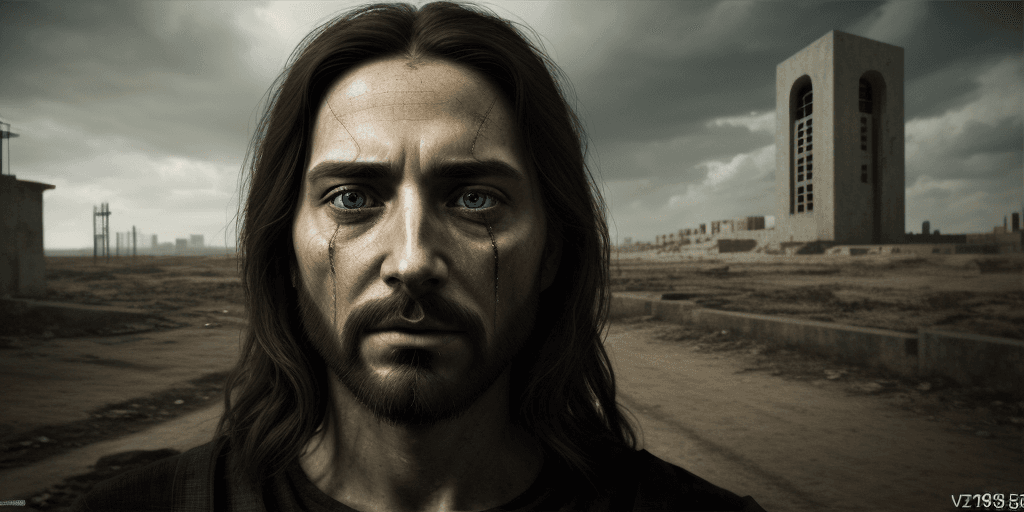 AI generated: the face of Jesus, in the style of dystopian realism, realistic perspective, xbox 360 graphics, surr...