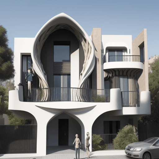 AI generated: Modern House, gaudi style, people in front
