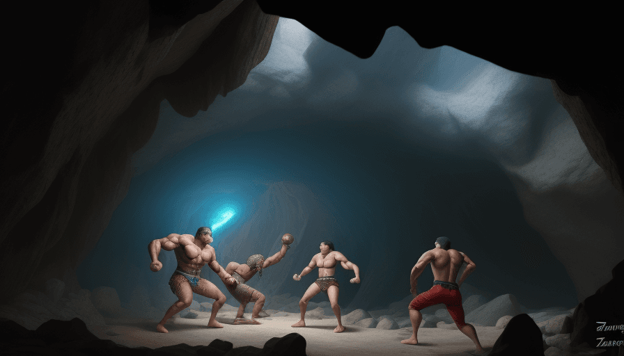 AI generated: giant men fighting in a cave, muscles, zach king, masters, 8k, nanites, no errors, perfect