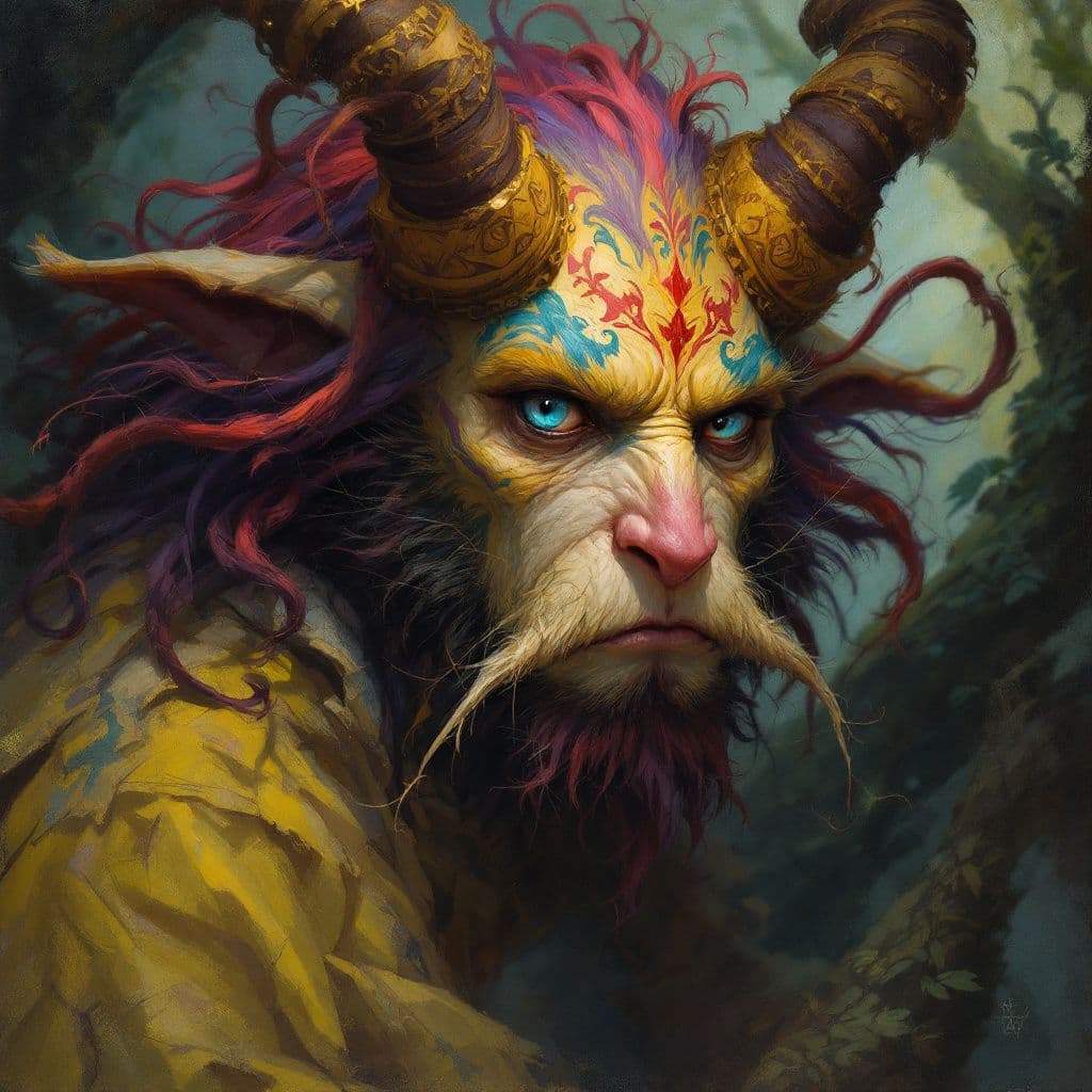 AI generated: A portrait of a folklore character, such as a sly trickster or a benevolent spirit. The style is rem...