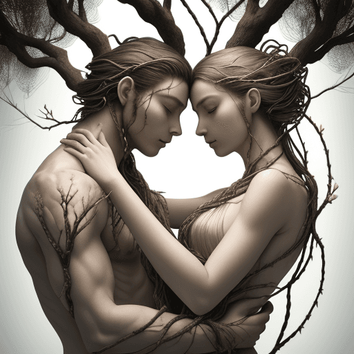 AI generated:  surreal artwork featuring a mesmerizing fusion of human and nature. A male and female tree are entw...