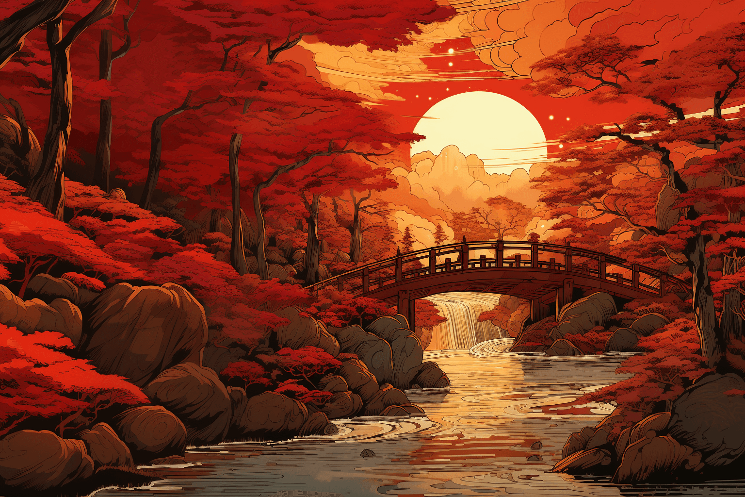 AI generated: a Japan traditional art style illustration that captures the essence of a weathered red wooden bridg...