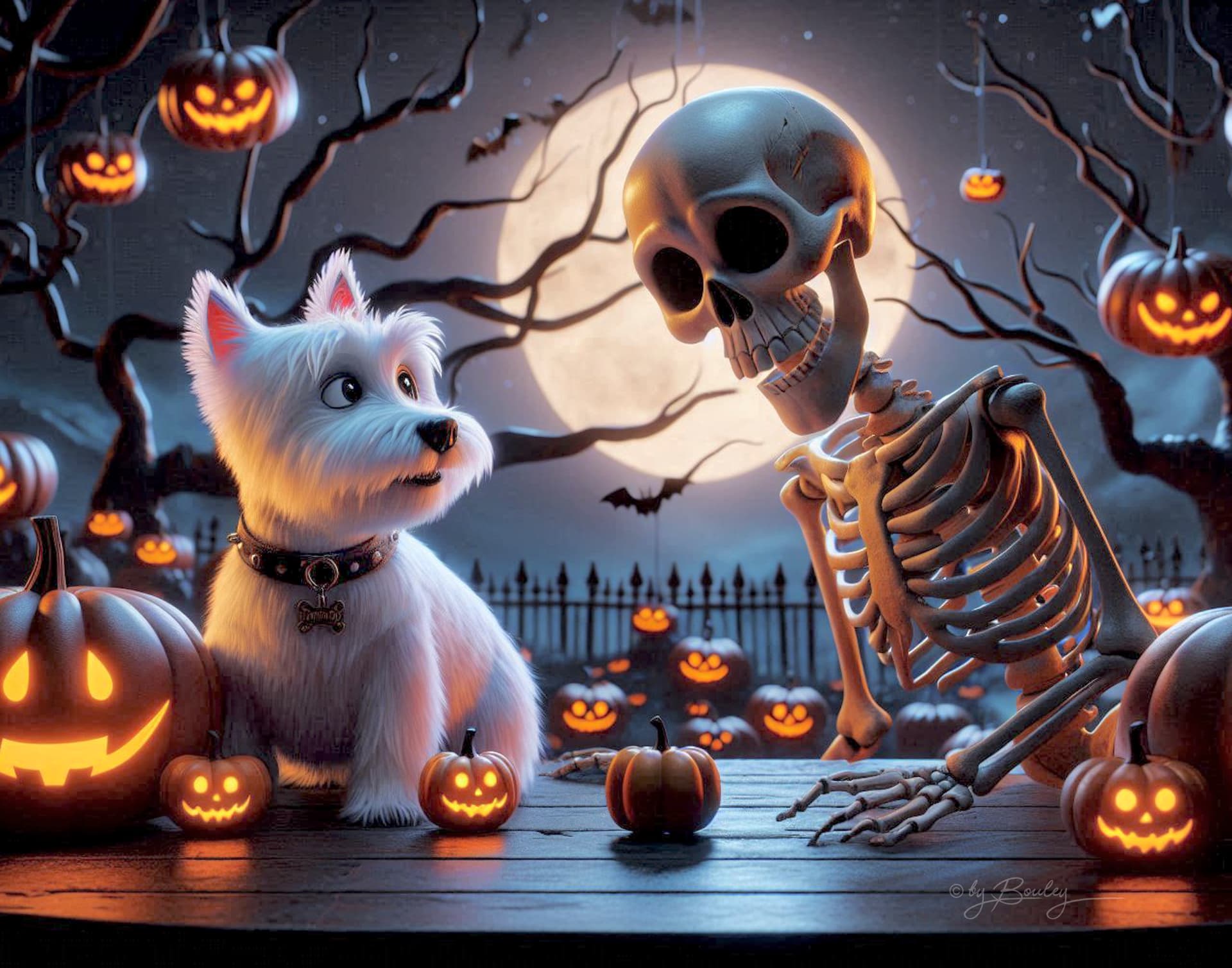 AI generated: 3D pixar, the Skeleton and West Highland White Terrier, looking at each other, face to face, posed b...