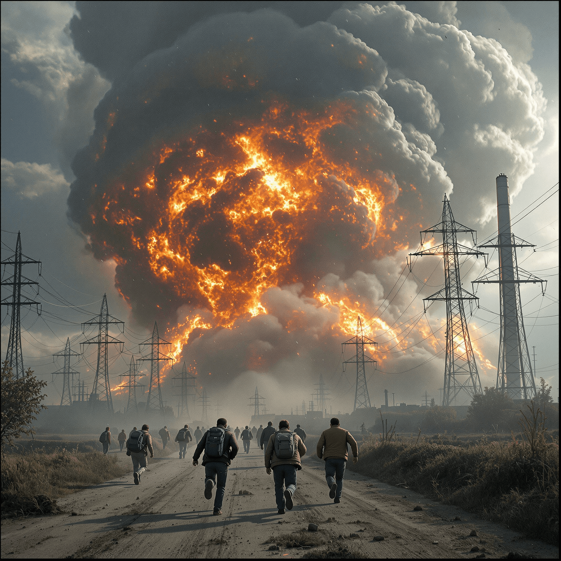 AI generated: massive explosion as a bomb drops on a power station, people running for thier lives, fire ball smok...