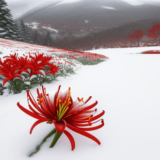 AI generated: Snow scenery, red flowers lilies blooming