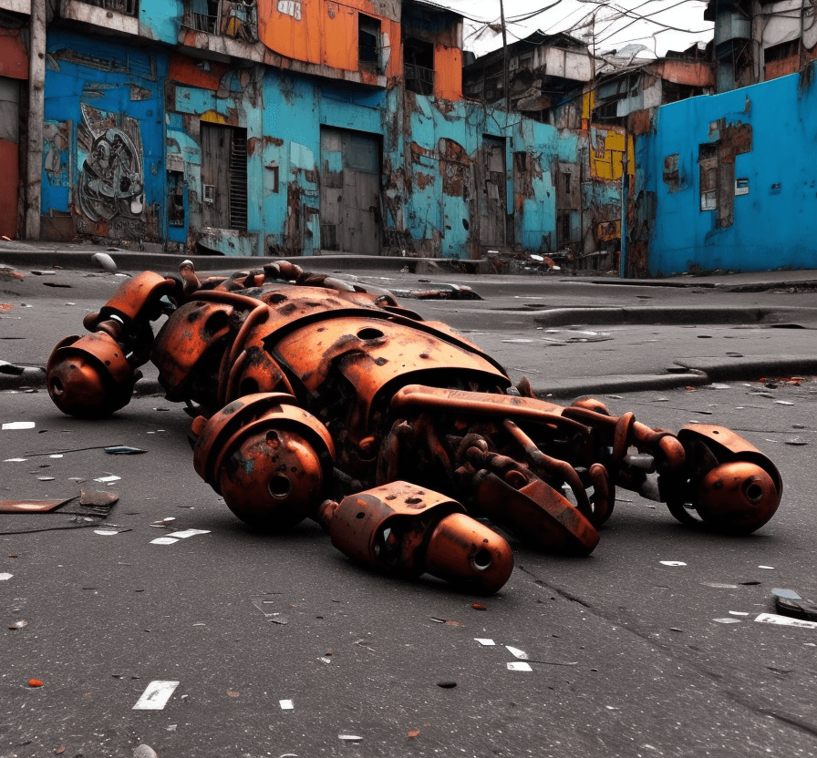 AI generated: a  lost  rusted big robot  is dead. It is lying on its back on  the ground in the street in a  favel...