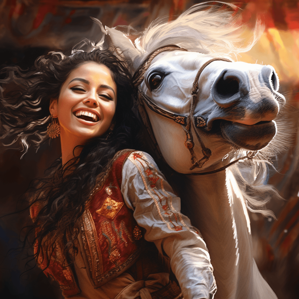 AI generated: woman with the face of a horse, human eyes smiling, dancing