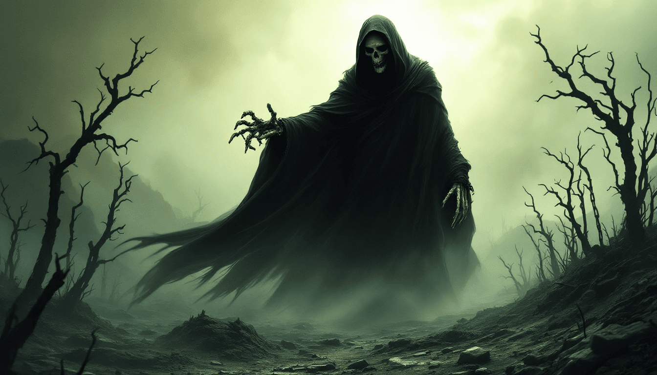AI generated: From the mist he rises, a skeletal hand emerging from the shadows. Cloaked in darkness, the Reaper s...