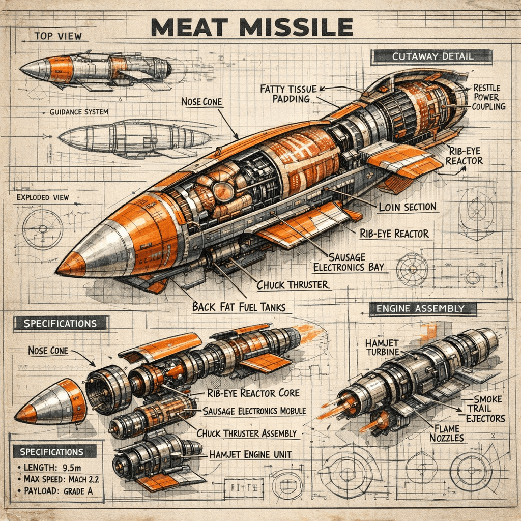 AI generated: Produce a detailed technical illustration of a meat missile, showcasing a cutaway design that reveal...