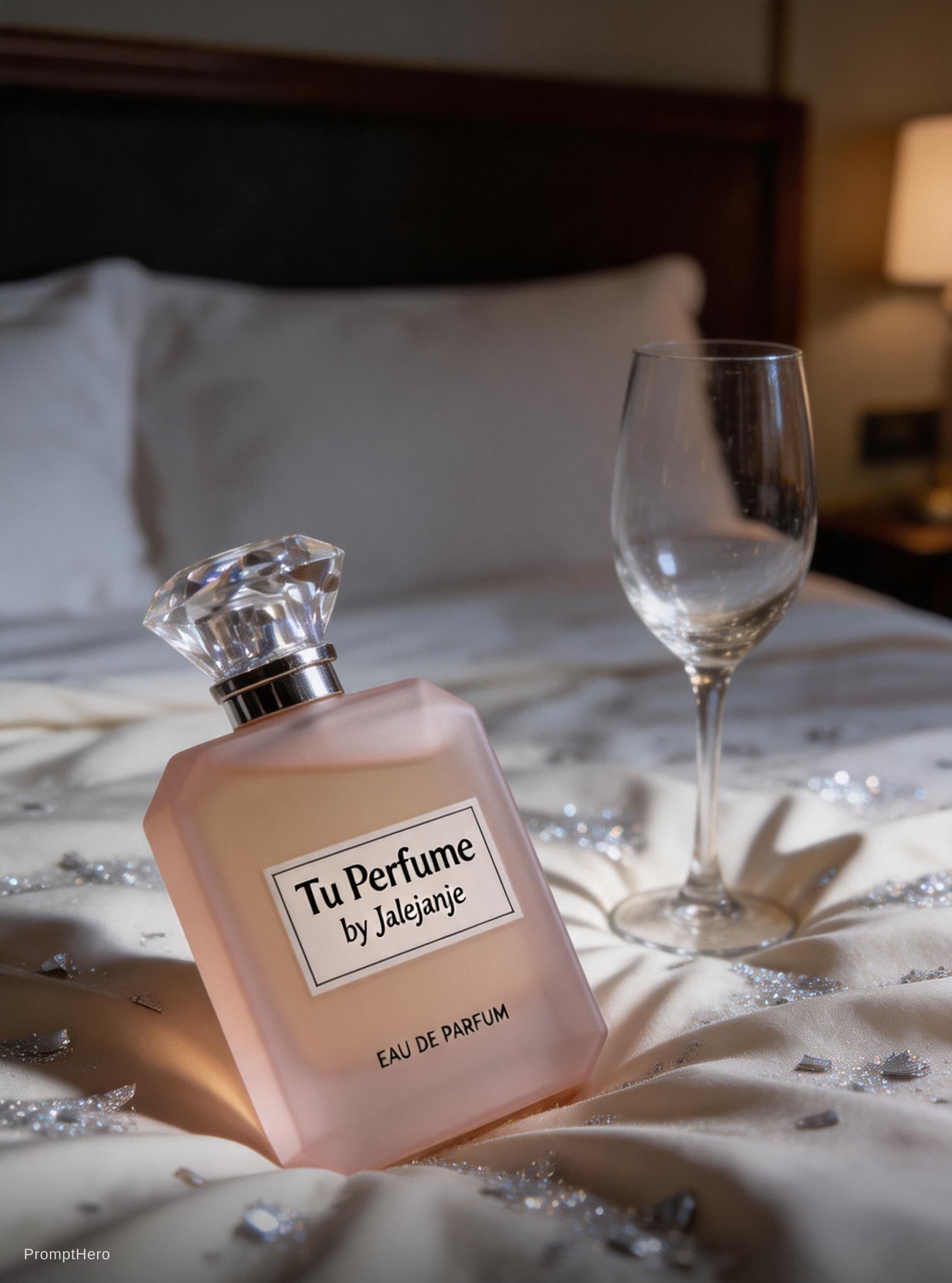 AI generated: Depressive sad perfume bottle, write "Tu Perfume" by Jalejanje eau de parfum, lying on bed hotel aft...
