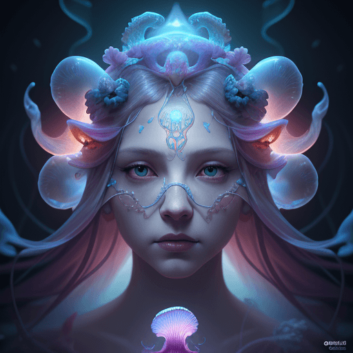 AI generated: Goddess close-up portrait ribcagel. jellyfish phoenix head, nautilus, orchid, skull, betta fish, bio...