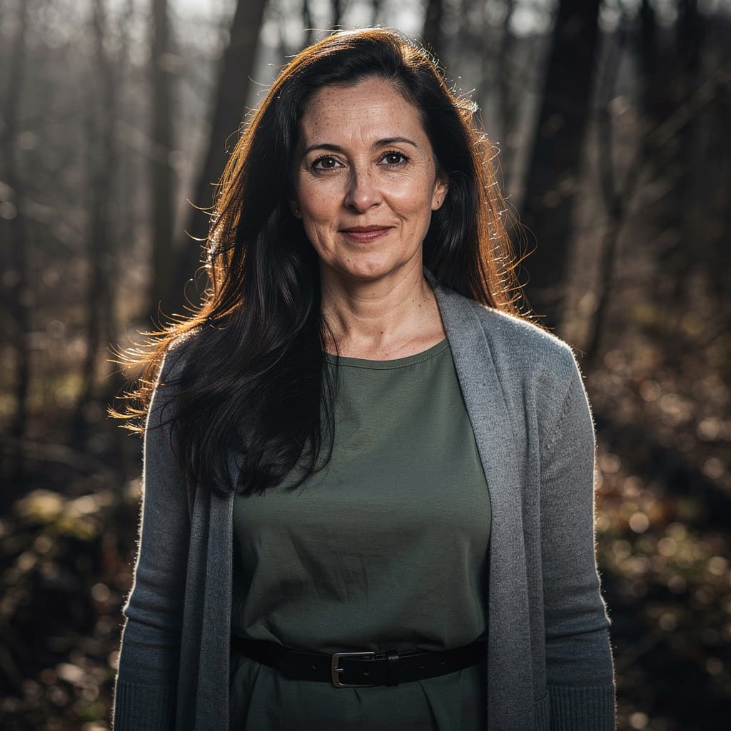 AI generated: cinematic image with dark shadows and high contrast,

A middle-aged woman with long, dark brown hair...