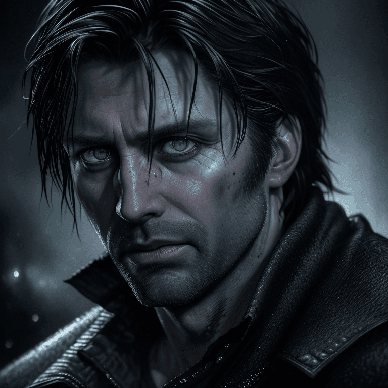 AI generated: full portrait of alan wake, vivid, eerie, blood splatter, highly detailed, photo realistic, 8k, shar...