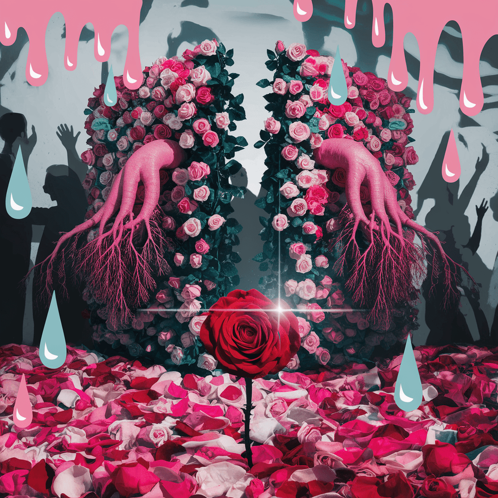 AI generated: A red rose shines in front of an immense rose bush that creates a surreal wall of more various color...