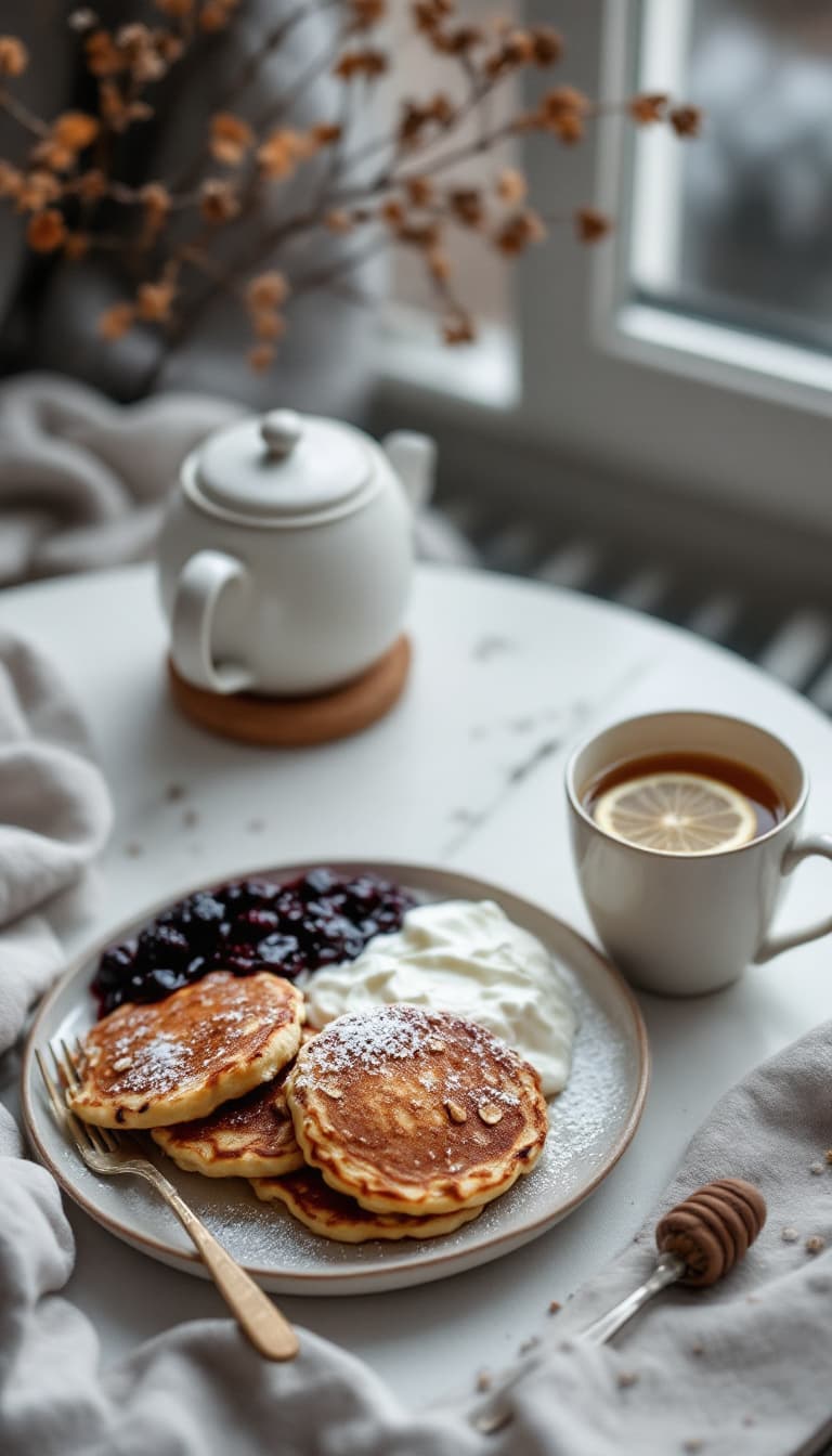 AI generated: A cozy breakfast setup on a white table, perfectly matching the moody, overcast morning. The scene f...