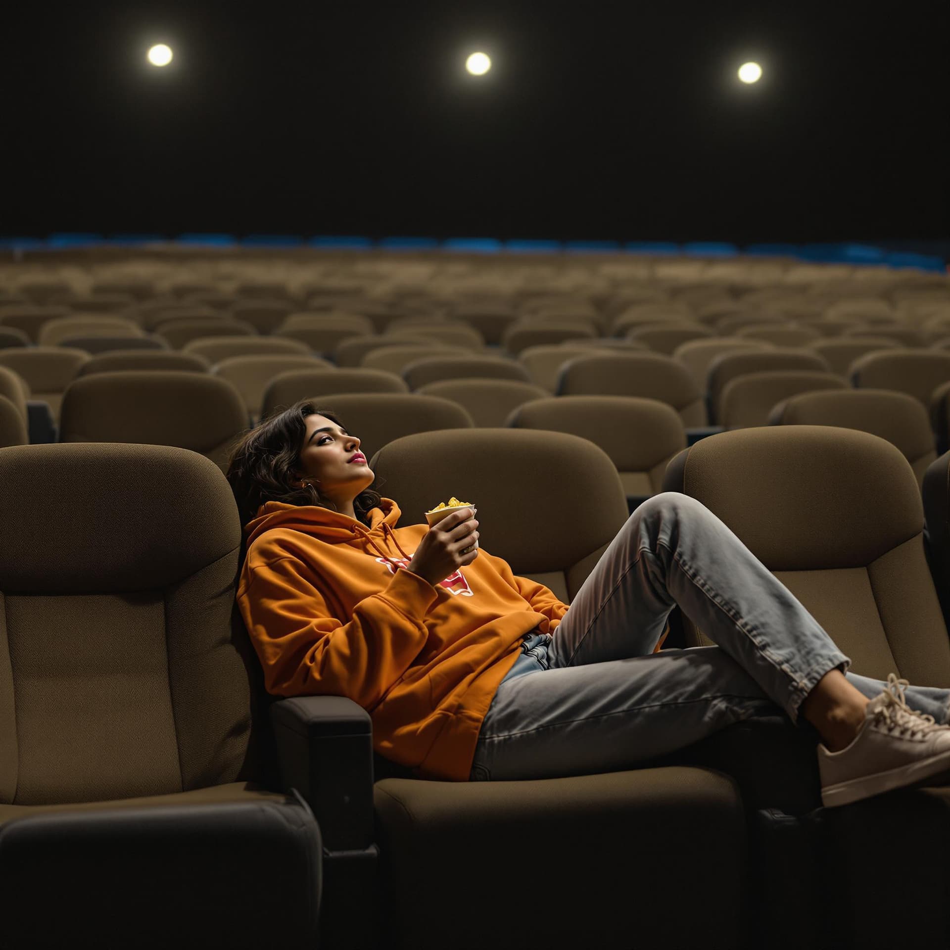 AI generated: photography, vast emptiness of a movie theater serves as the backdrop for a moment of carefree repos...