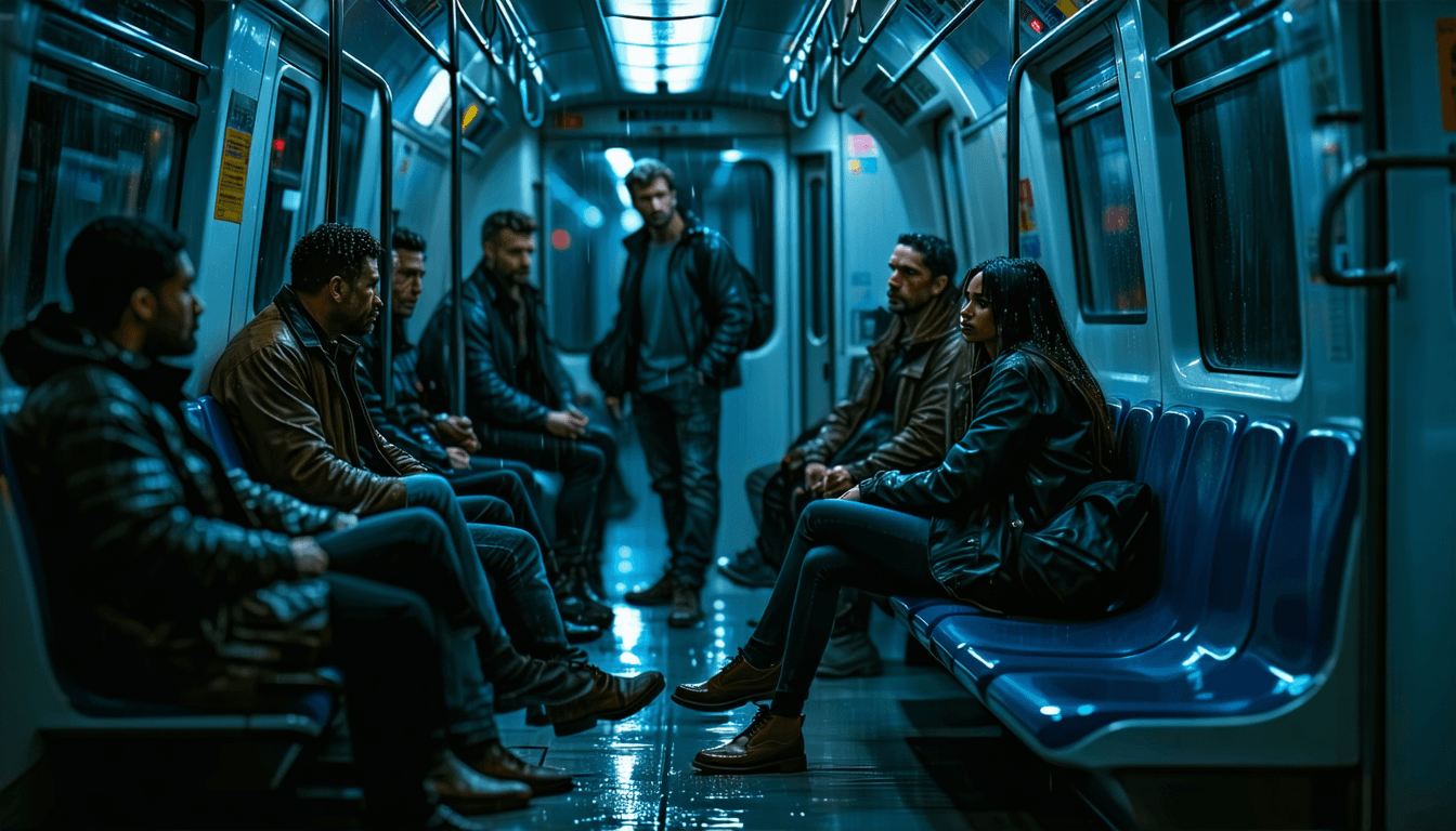 AI generated: A dimly lit metro train at midnight, wet reflections from rain outside the windows, 8 passengers sea...