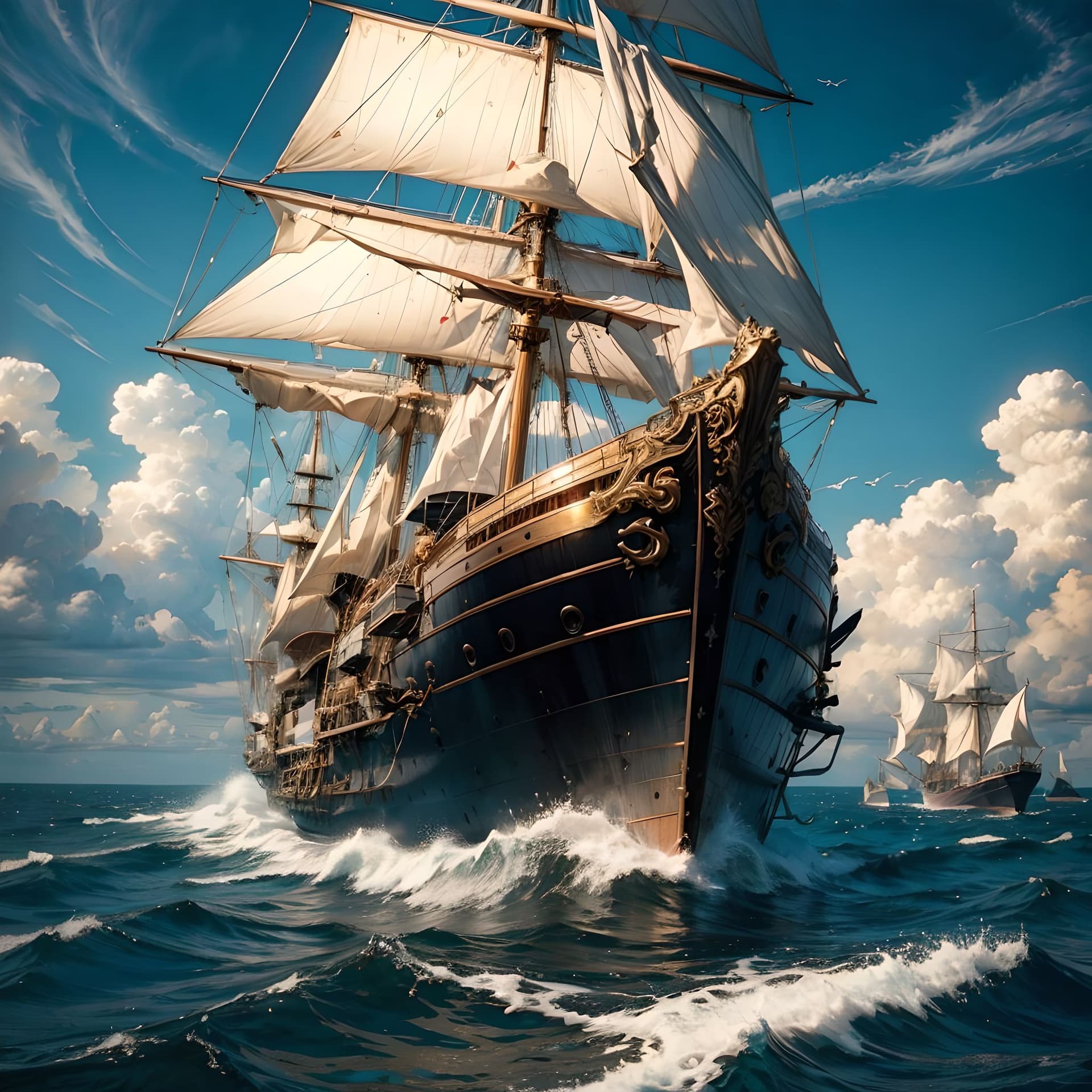 AI generated: 19th-century Western sailing ship with three masts, full square rigging, copper-bottomed hull, ornat...