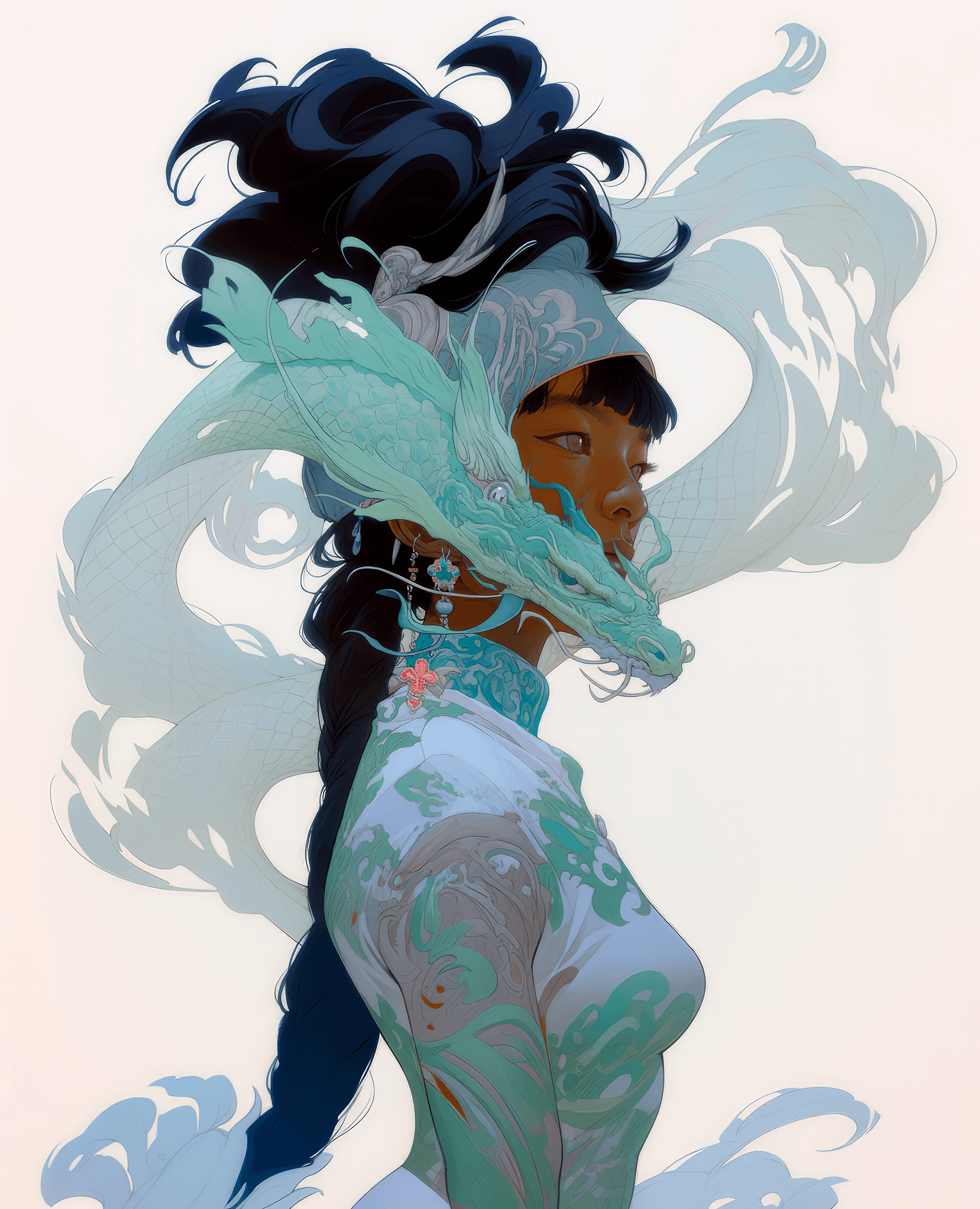 AI generated: a painting of a woman with a dragon head, in the style of intricate underwater worlds, frank quitely...