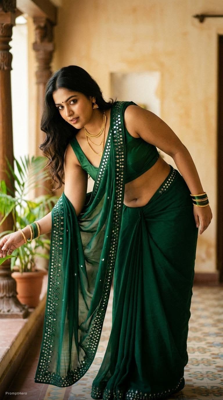 AI generated: Tamil girl. modern sexy glossy mirror saree, wearing saree saree saree model. glossy mirror saree Na...