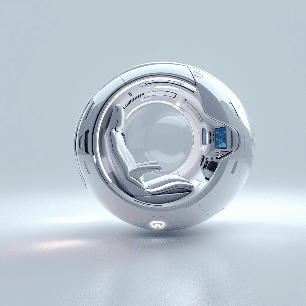 AI generated: Show me the inside of the pod, with the seat, a d the controls y Futuristic pod floating realistic i...