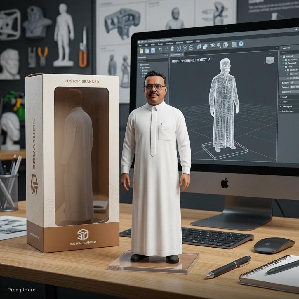 AI generated: Transforming the photographed person into a realistic 3D figurine in front of a computer desk. The c...