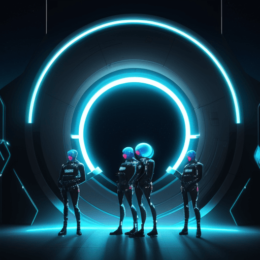 AI generated: space gate, worm hole, teleporter, portal, high tech portal, TRON style guards standing to attention...