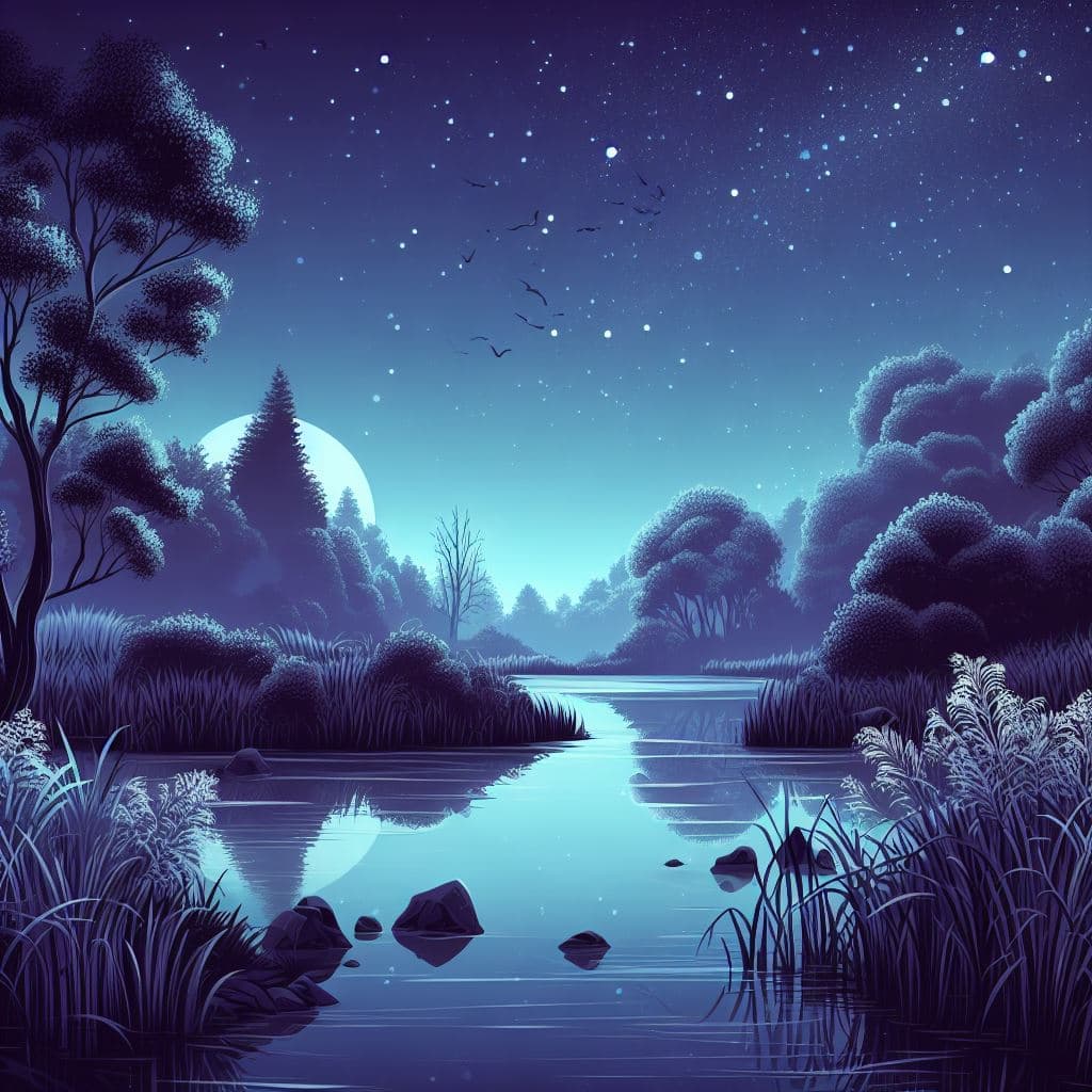 AI generated: Illustration of a starry night sky over a tranquil lake