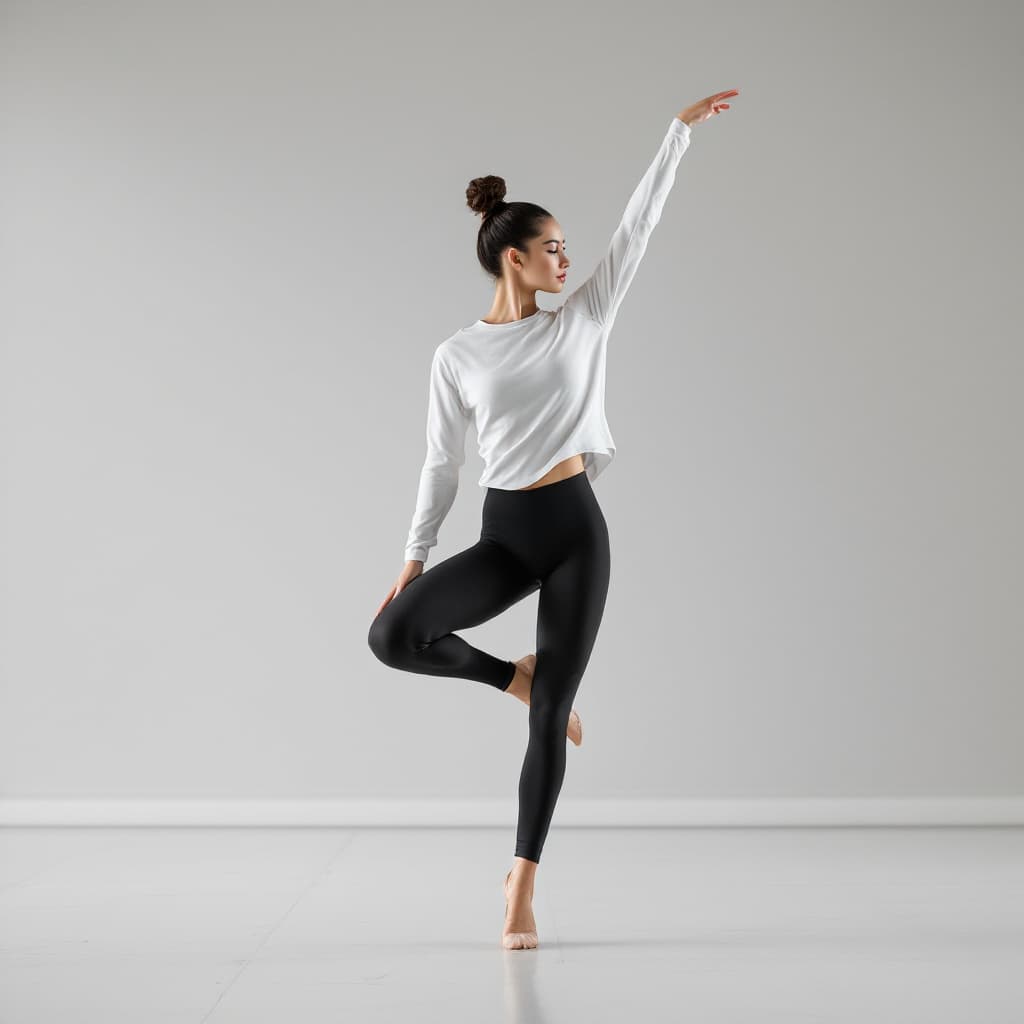 AI generated: Photo of an athletic Asian female ballet dancer in black bottoms and a white long-sleeved top, grace...
