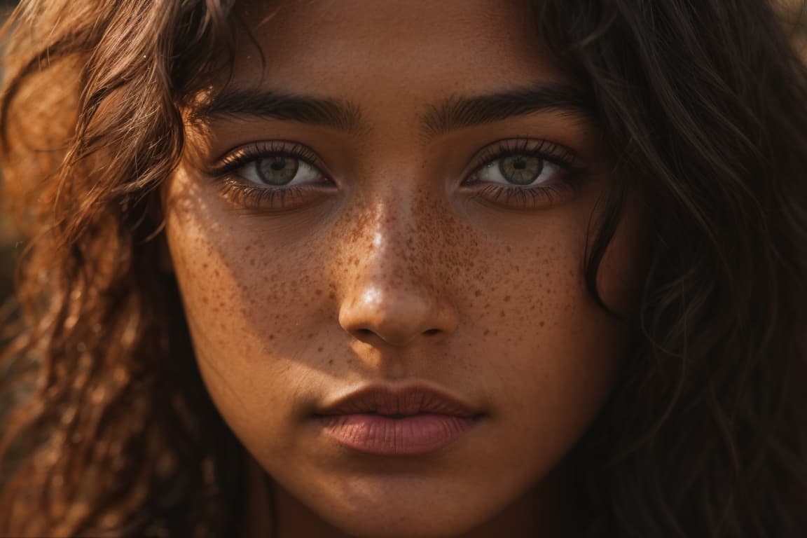 AI generated: a close up of a woman with freckles on her face, a portrait by Daren Bader, featured on cg society, ...