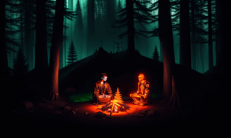 AI generated: cyberpunk buddhist forest, around a campfire, on a mountain illuminated with neon lights, 26 year ol...