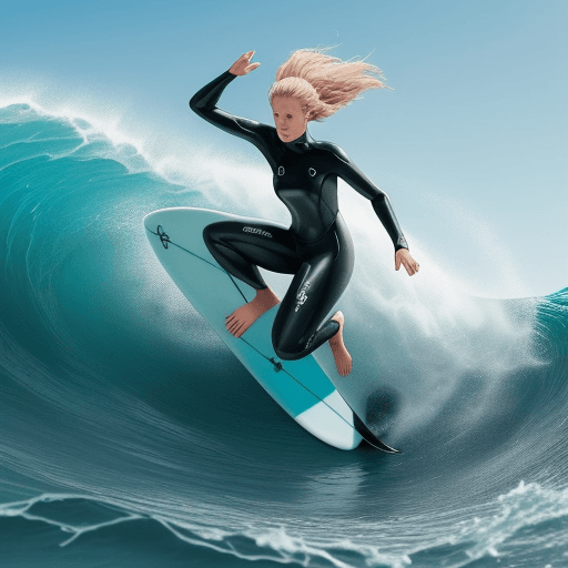 AI generated: The image features a woman riding a wave on a surfboard. She is skillfully navigating the wave, show...