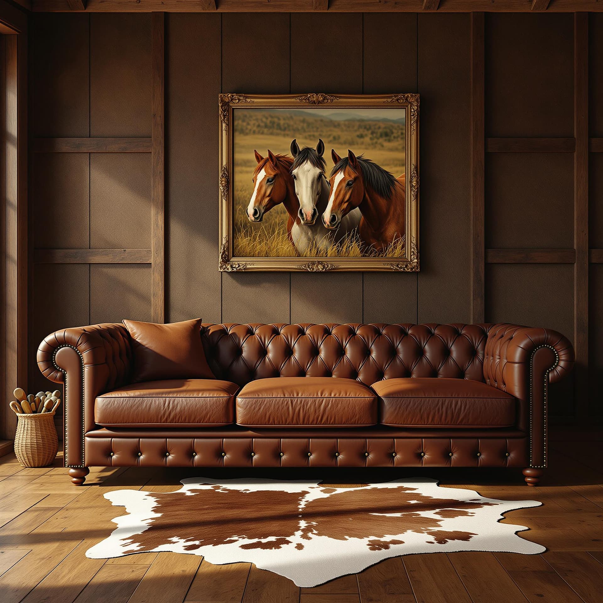 AI generated: photograph, comfy western ranch living room, morning, wood floor, cowhide rug, horses portrait, incl...