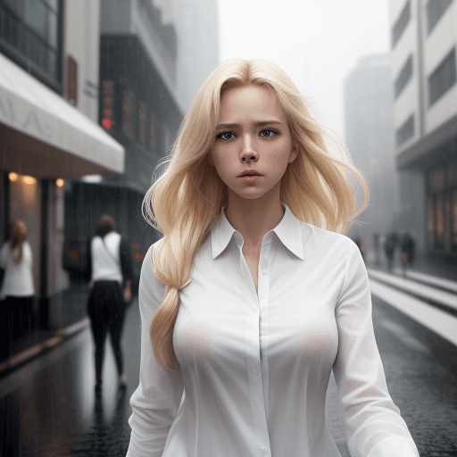 AI generated: A woman walking in a city wearing a white shirt, cinematic, 8k, blond hair, upper body, facing camer...