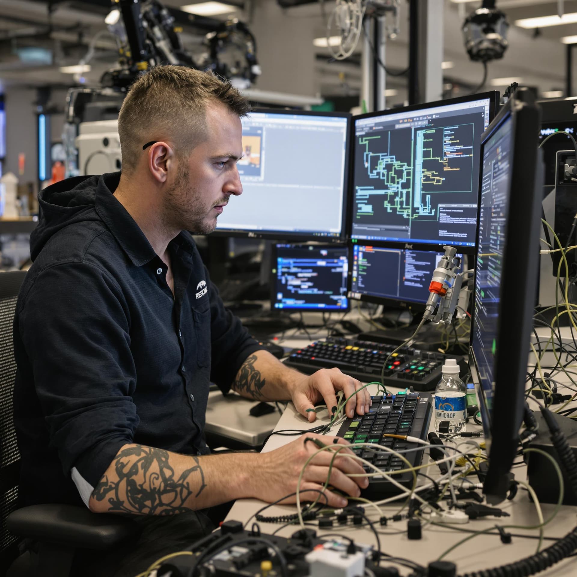 AI generated: High resolution photography of a software engineer that has the reings on a AI robot programming

