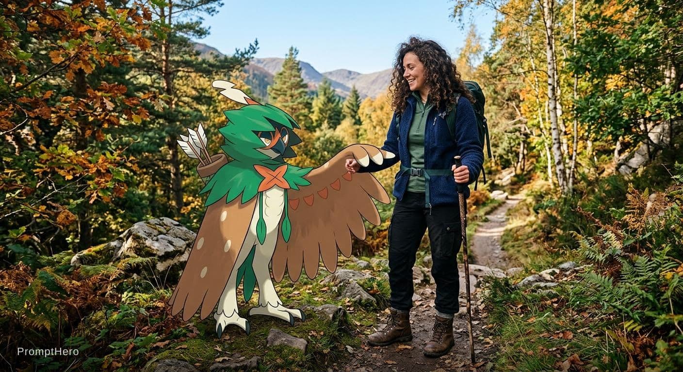 AI generated: a decidueye with a trainer wearing a blue fleece a green top black walking trousers and walking boot...