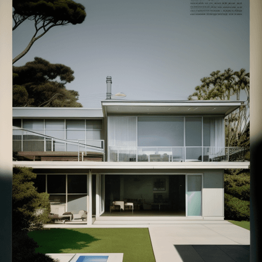 AI generated: Hyper realistic eye level exterior photo of a mid century modern style house overlooking the ocean, ...