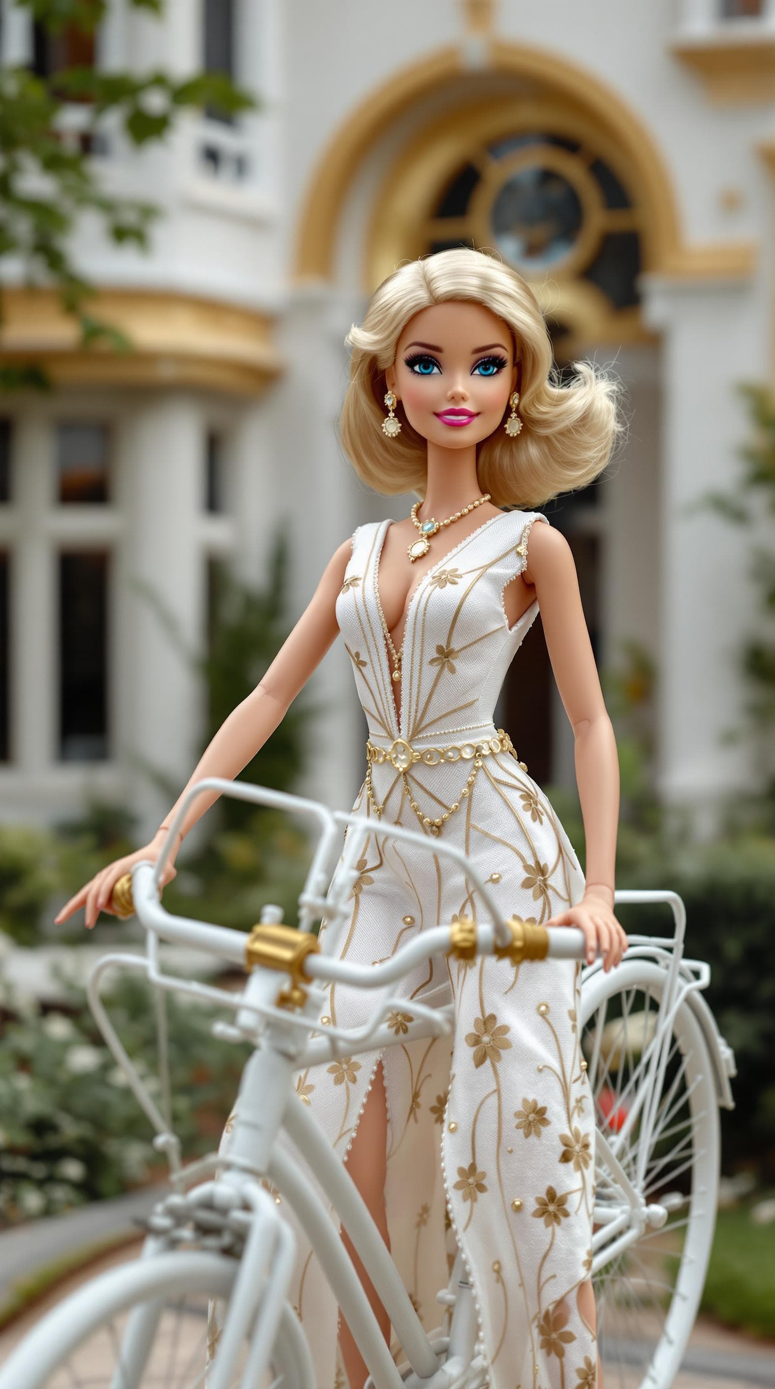 AI generated: a photograph, 8 year old barbie girl doll in art deco style clothes who is sitting on her bike in fr...